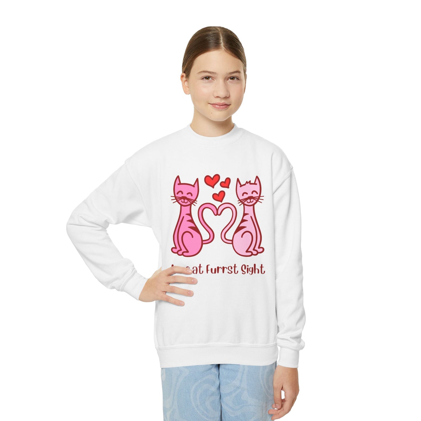 🐱 Kids Love At Furrst Sight Sweatshirt | Children's Cat Valentine | Youth Cat Lover Gift | Cute Kitty Pun | Boys Girls Valentine's Day ❤️