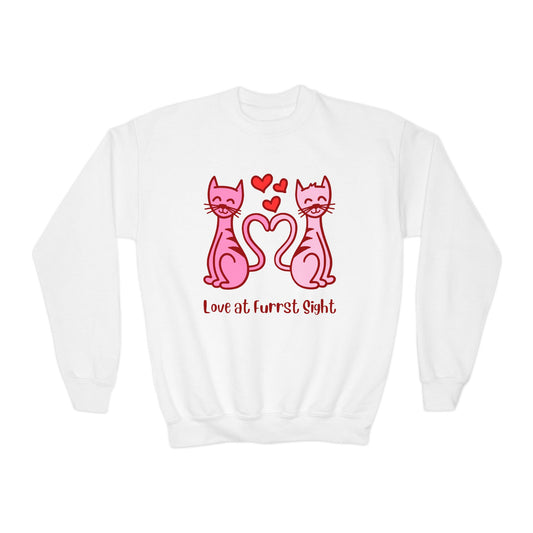 🐱 Kids Love At Furrst Sight Sweatshirt | Children's Cat Valentine | Youth Cat Lover Gift | Cute Kitty Pun | Boys Girls Valentine's Day ❤️