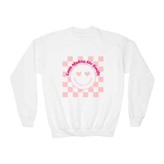 ❤️ Love Makes Me Smile Sweatshirt | Kids Valentine's Day | Retro Checker Print | Y2K Style | Happy Face | Youth Valentine Party Outfit 💗