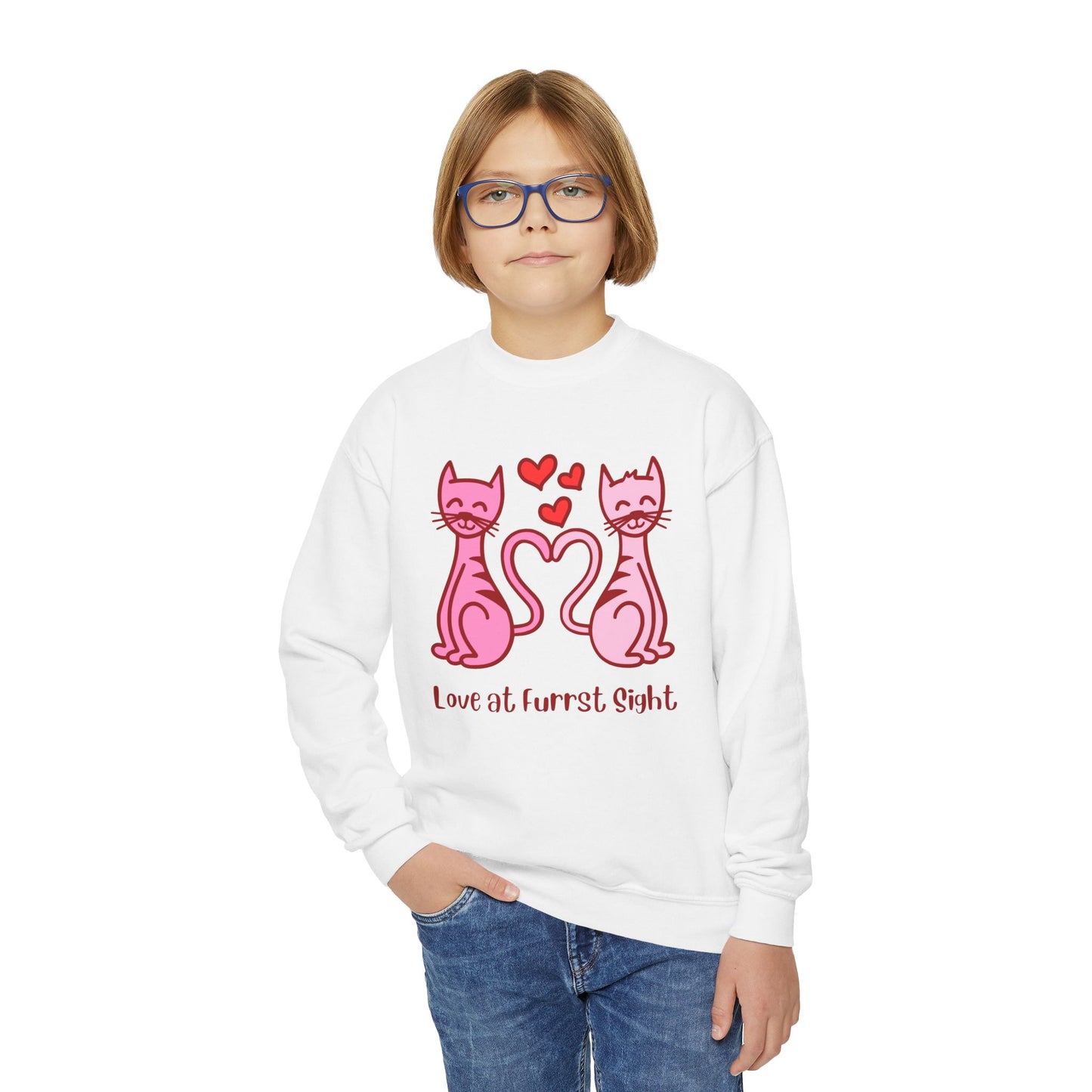 🐱 Kids Love At Furrst Sight Sweatshirt | Children's Cat Valentine | Youth Cat Lover Gift | Cute Kitty Pun | Boys Girls Valentine's Day ❤️